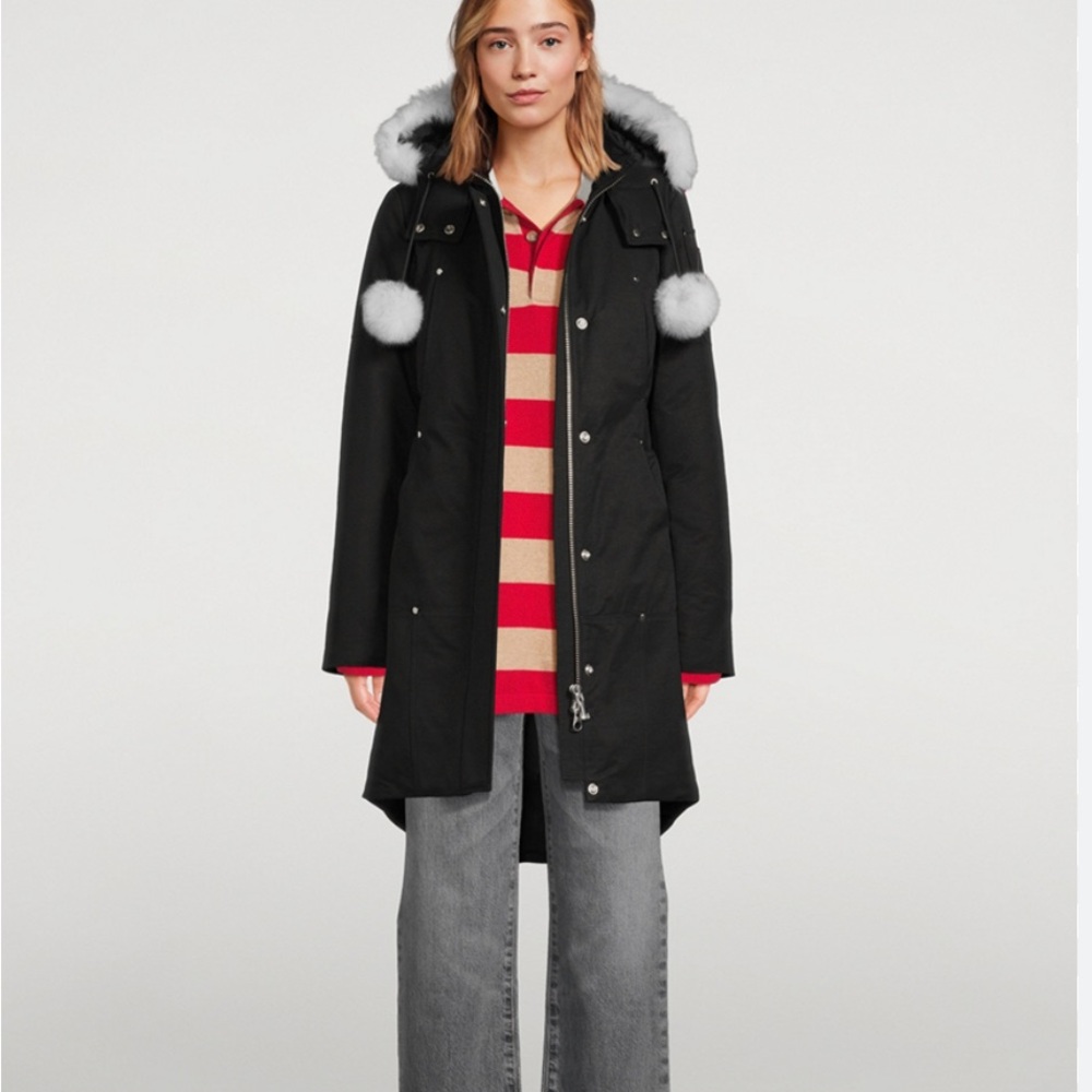 Moose Knuckles Black Stirling Down Parka, Fur Trim size XL fits like a Large!